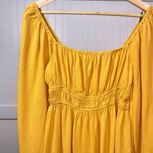 Forever 21 Dresses & Skirts - Forever 21 Boho Yellow Long Sleeve Mini Dress Square Neck Smocked Waist Ruffle